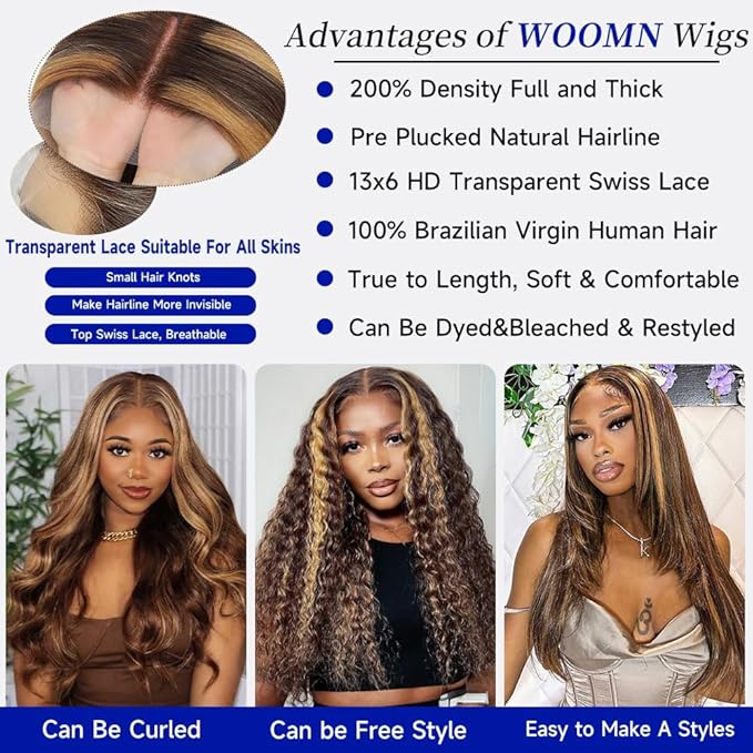 4/27 Ombre Lace Front Wig Human Hair Straight HD Lace Frontal Wig 13x6 Pre Plucked Tangle-Free 200 Density Honey Blonde Highlight Wig 20 Inch More Longer Life No Tangle No Shedding
