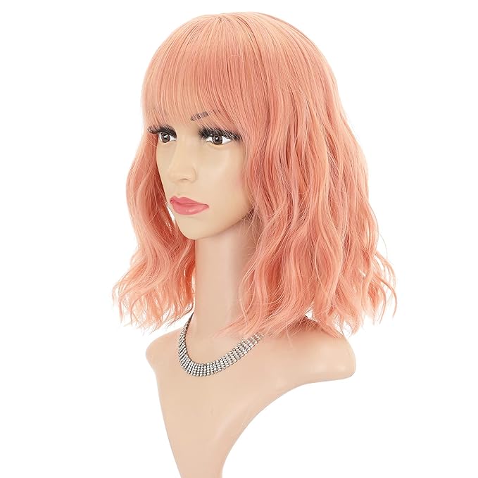 FAELBATY Pink Wigs With Bangs Synthetic Short Bob Wig for Girl Shoulder Length Wig for Women Costume Wigs Mixed Pink(12" Orange Pink)