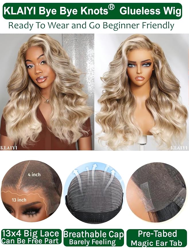 KLAIYI Ombre Ash Blonde Loose Body Wave Pre Everything Glueless 13x4 Lace Front Wigs Human Hair Balayage Precut Pre Plucked Bleached Bye Bye Knots 30S Ready to Wear and Go Wig Beginner Friendly 20Inch