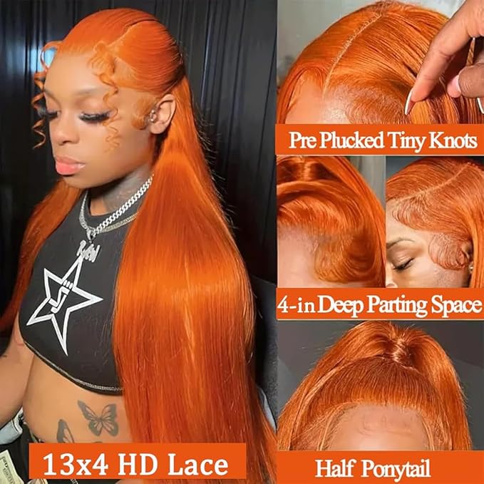30inch 13X4 Ginger Wig Human Hair Straight Lace Front Wigs 180% Density HD Transparent Lace Frontal Glueless Pre Plucked with Baby Hair 350 Orange Colored Wig