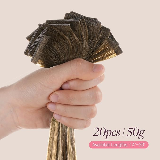 GOO GOO Genius Tape in Hair Extensions, Hand Tied Tape Weft, 4/27/4 Balayage Chocolate Brown to Caramel Blonde, 14inch 50g 20pcs, Remy Human Hair, Seamless Invisible Tape, Natural Blend, Lightweight