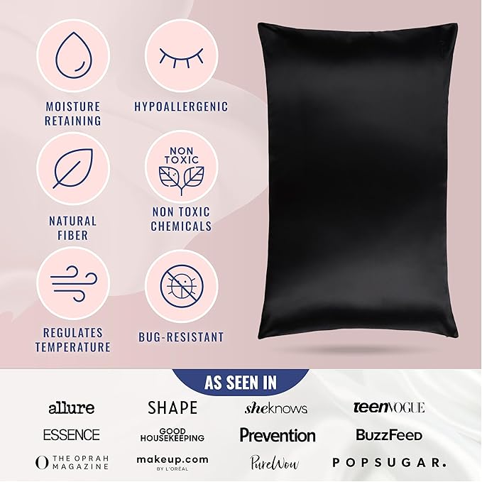 Blissy Silk Pillowcase - 100% Pure Mulberry Silk - 22 Momme 6A High-Grade Fibers - Silk Pillow Cover for Hair & Skin - Regular, Queen & King (Black, King)