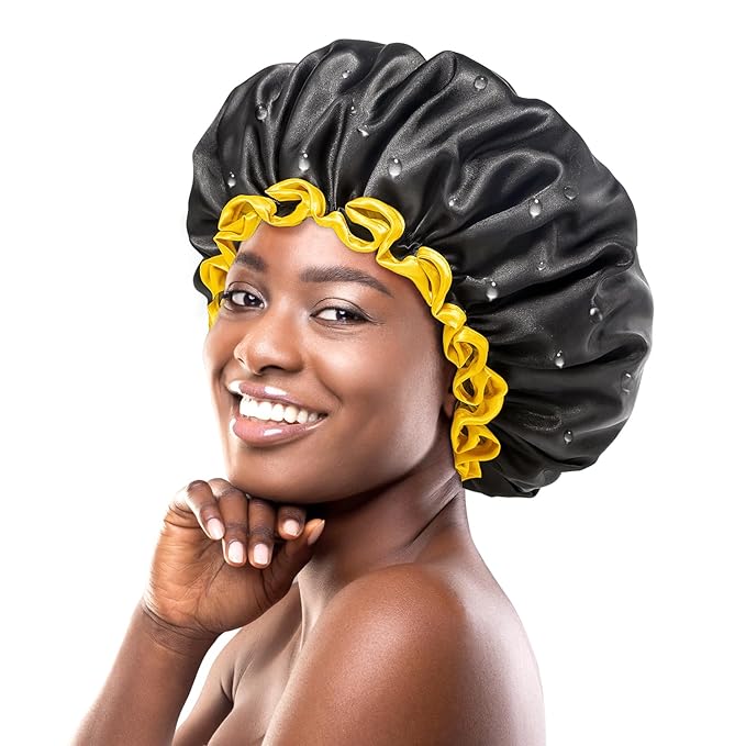 mikimini Extra Large Black Shower Cap for Women and Men Thick Long Hair Braids, Reusable Waterproof Double Layers XL Bathing Hair Caps with Vibrant Yellow Edge (Black)