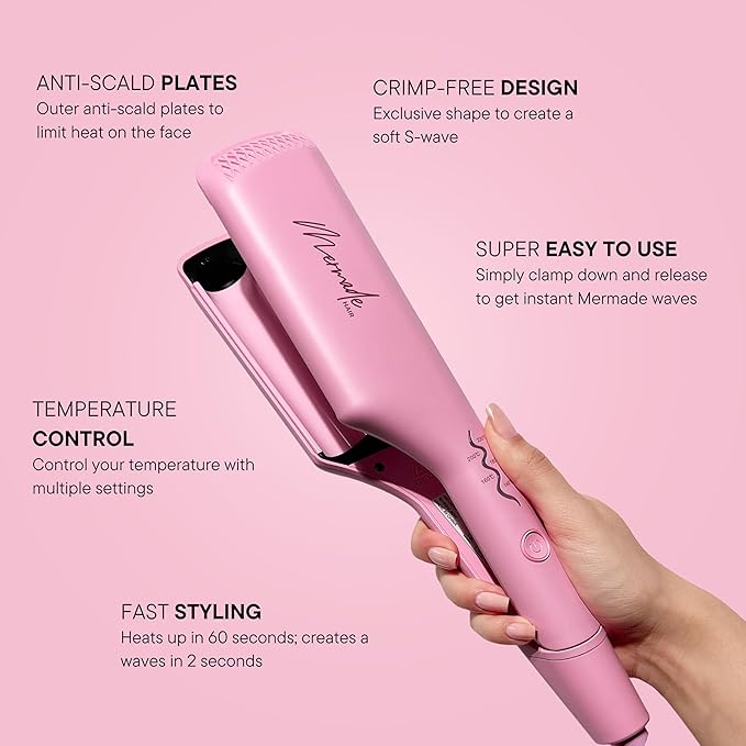 Mermade Hair Deep Hair Waver Tool - Double 1" Barrel Iron for Crimp-Free Beach Waves, Hair Curler for Women, Ionic Ceramic Plates, Reduces Frizz, Suitable for Short, Medium, & Long Hair - Pink