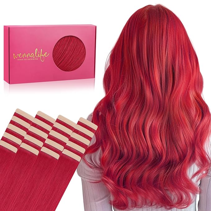 WENNALIFE Tape in Hair Extensions Human Hair, 20pcs 50g 22 inch Red Remy Hair Extensions Straight Human Hair Tape in Extensions Tape Ins Straight Extensiones De Cabello Humano Skin Weft