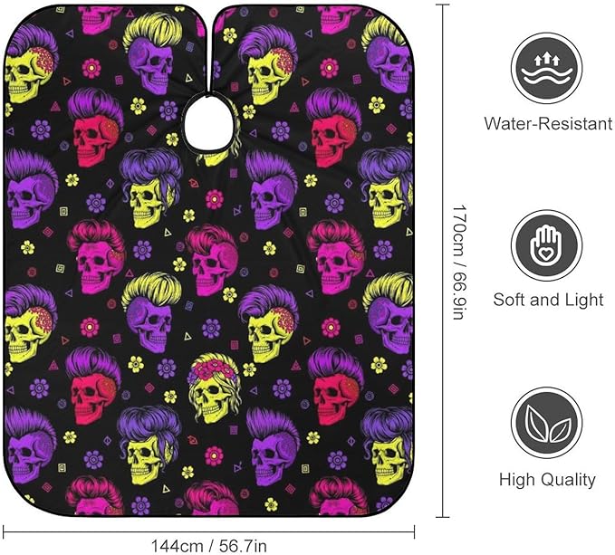 Salon Gown Cape Cool Goth Rock Skull Haircut Cloth Wrap Protector, Extra Large Hairdresser Apron for Hair Dye, Barber Aceessories