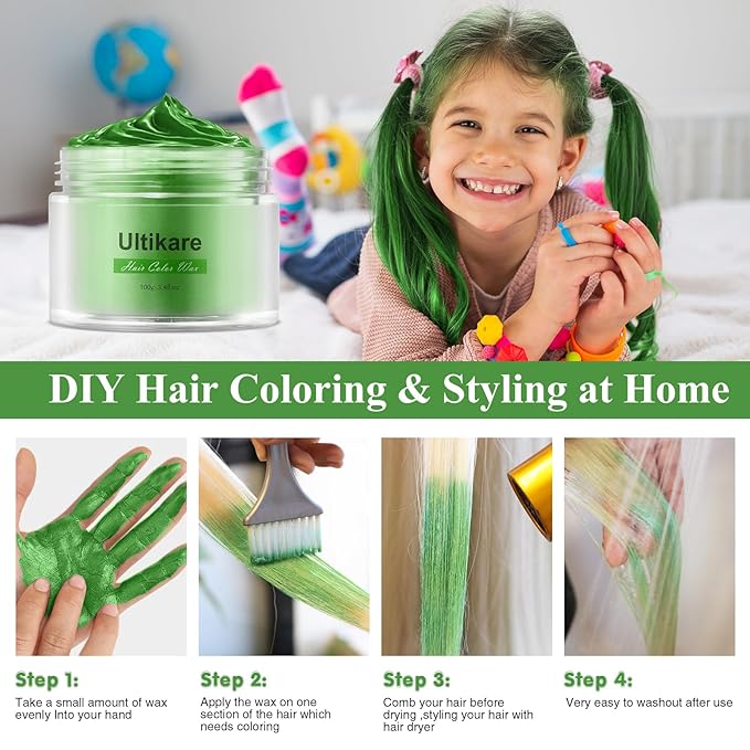 Ultikare Green Hair Color for Kids - Instant Mud Cream Gel Wax, 3.4 Fl Oz, Christmas Girl Gifts, Party, Cosplay DIY, Children's Day