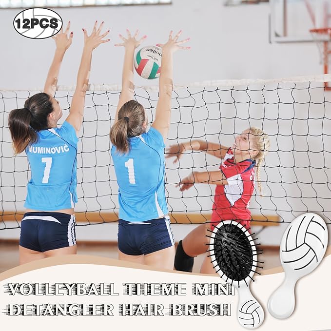 12 Pcs Volleyball Mini Detangler Brush, Mini Travel Hair Brush, Bristles Plastic Detangling Brush,No Tangle Soft Flexible Bristles for Straight, Curly, Thick Hair for Volleyball Team Gift Sport Party