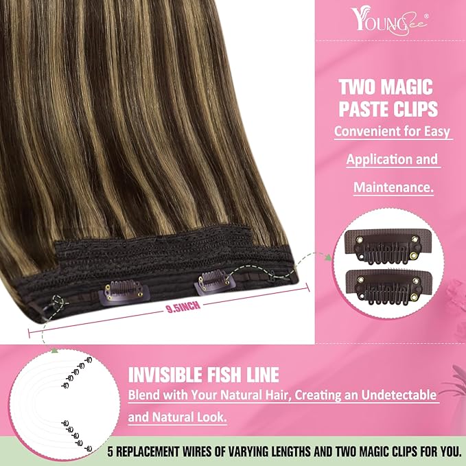YoungSee 120G Wire Hair Extensions Highlight Invisible Wire Hair Extensions Real Human Hair Dark Brown Highlight Blonde Human Hair Headband Extensions Easy to Wear 18inch