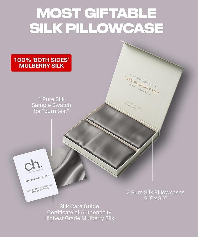 SUNDAYSILKS™ Silk Pillow Cases 2 PACK | 22 Momme Mulberry Silk Pillowcase Set of 2 | Standard Queen, King Size | All Sides 100% Pure Silk Slip Pillowcase Bliss for Women with Zipper [Charcoal Essence]