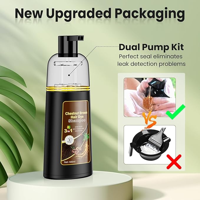 JUANCHI Chestnut Brown Hair Dye Shampoo 3 in1, Chestnut Brown Shampoo Hair Dye for Gray Coverage, Natural Hair Color for Women Men, Herbal Formula, Ammonia-free, Lasts 30 Days, 500ml (16.90 oz)