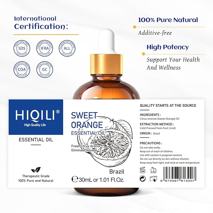 HIQILI 30ML Sweet Orange Essential Oil - Pure and Natural for Diffuser, Skin - 1 Fl Oz
