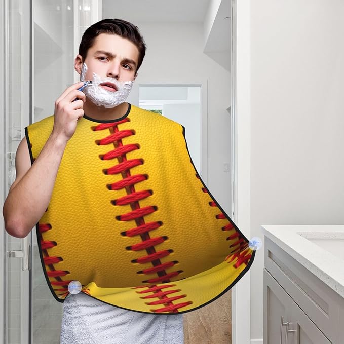 Beard Apron Hair Catcher, American Red Line Yellow Softball Shave Bib, Waterproof Non-Stick Shaving Bib, Trimming Grooming Tool for Dad Men Anniversary