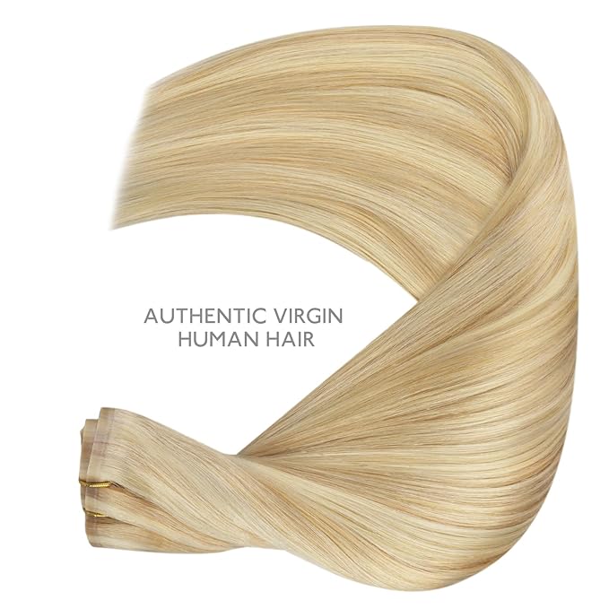 WENNALIFE Seamless Clip In Hair Extensions, 20 Inch 7pcs 150g Light Blonde Highlighted Golden Blonde Hair Extensions Clip In Real Human Hair Extensions Invisible PU Weft Human