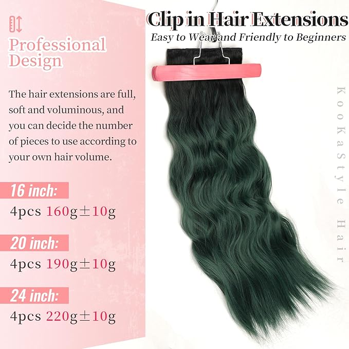 KooKaStyle Clip in Synthetic Hair Extensions Long Wavy 4PCS Thick HairpiecesBlack to Green Ombre Fiber Double Weft Natural Hair Extensions 24 Inch for Women