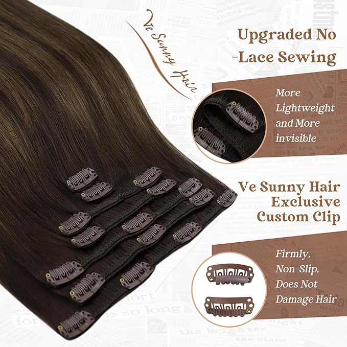 Ve Sunny Clip in Hair Extensions Real Human Hair 24 inch Long Straight Human Hair Clip in Extensions Darkest Brown Ombre Medium Brown Hair Extensions Clip ins 120g 7Pcs