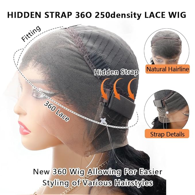 Hidden Strap Invisi Strap Straight 360 Glueless Wigs Human Hair Pre Plucked Pre Bleached Brazilian Virgin Wig With Drawstring 250 Density HD Full Lace Front Wigs Human Hair 16Inch