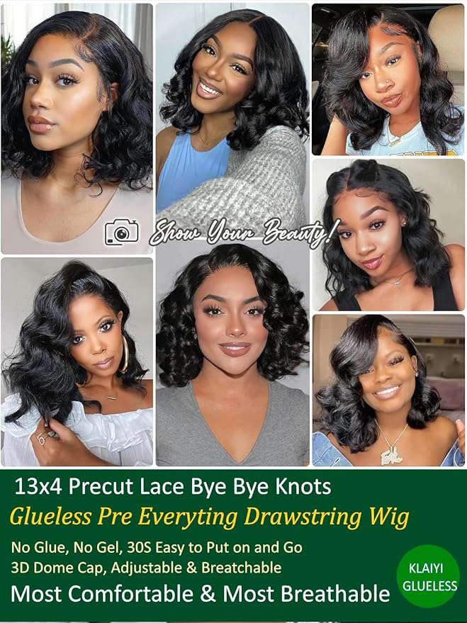 KLAIYI Light Yaki Straight Bob Loose Wave Pre Everything 13x4 Lace Front Wigs Human Hair Precut Lace Pre Plucked Bleached Glueless Wear and Go Wigs for Women Bye Bye Knots Wig Beginner Friendly 14Inch