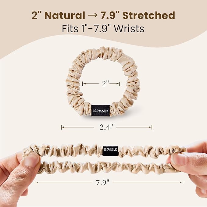 THXSILK 100% Mulberry Silk Scrunchies 3-Pack, 25 Momme Mulberry Silk Hair Ties for Women, Sleek Low Profile No Damage Ponytail Holders, for Fine Hair & Everyday Use, Beige