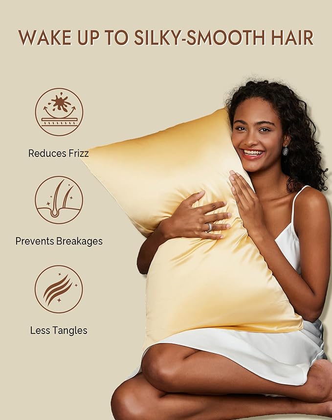SilkSilky 100% Mulberry Silk Pillowcase - Pure 22 Momme High-Grade 6A Fibers for Hair & Skin, Envelope Closure, Natural, Organic, Breathable & Cooling Pillow Case (Queen, Champagne)