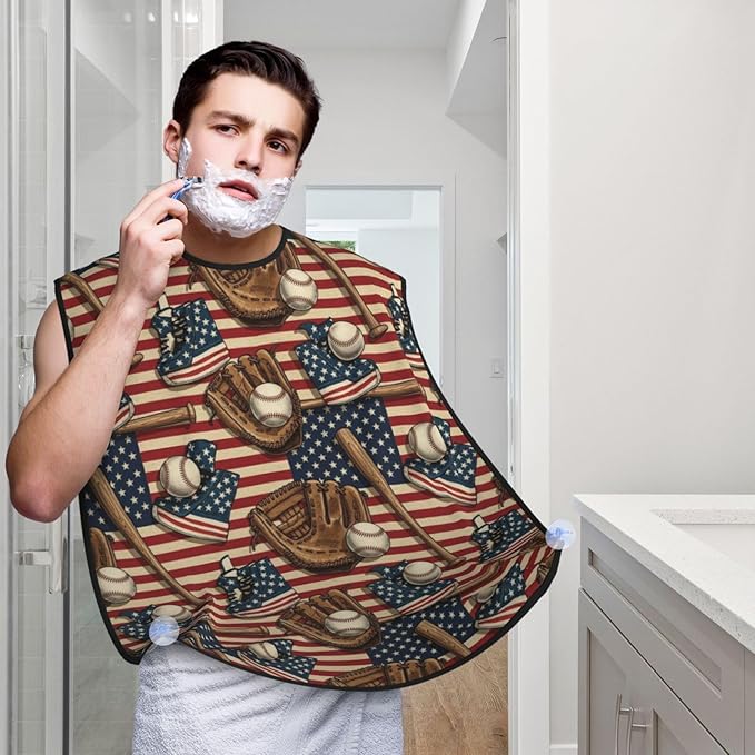 Strong Suction Cup Beard Grooming Bib, Non-Stick Hair Catcher, Waterproof, for Shaving, Vintage Ball Baseball American Flag