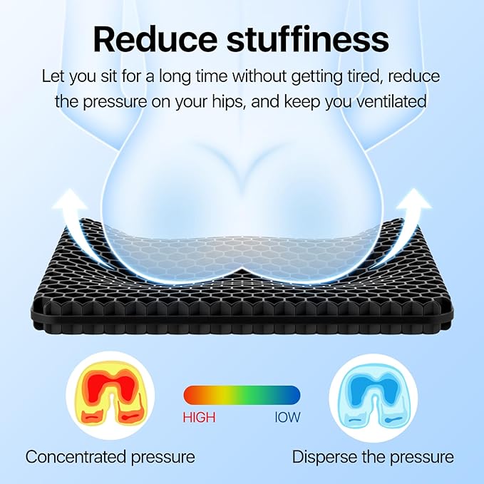 Gel Seat Cushion, Cooling Thick Big Breathable Honeycomb Design Absorbs Pressure Points Seat Cushion with Non-Slip Cover for Office Chair Home Cars Wheelchair