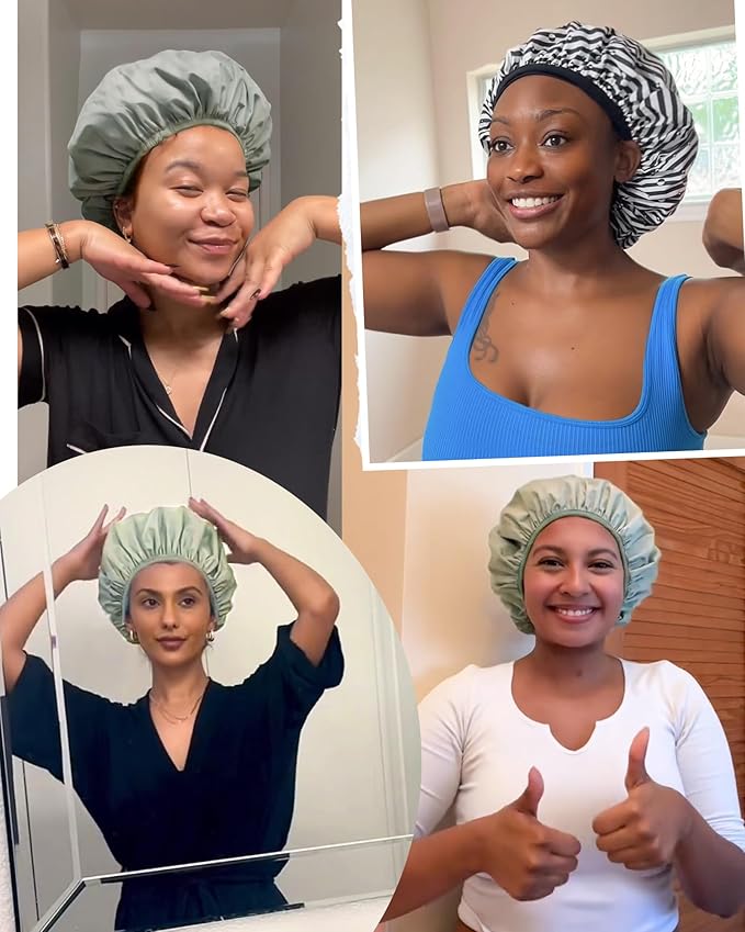 Yanibest Shower Cap Reusable Waterproof - Double Layer Shower Caps for Women, Washable Shower Bonnet with Soft Non-Slip Elastic Band, Bath Hair Hat for Most Hair Types