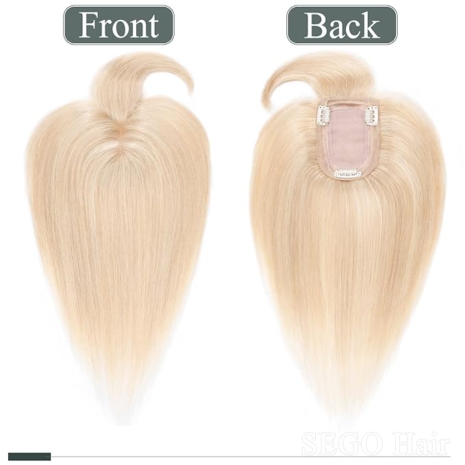 SEGO Hair Toppers for Women Real Human Hair with Thinning Hair, Toppers Hair Clip in Toppers with Front Bangs 150% Density Silk Base -14 Inch #18/613 Ash Blonde Mix Bleach Blonde