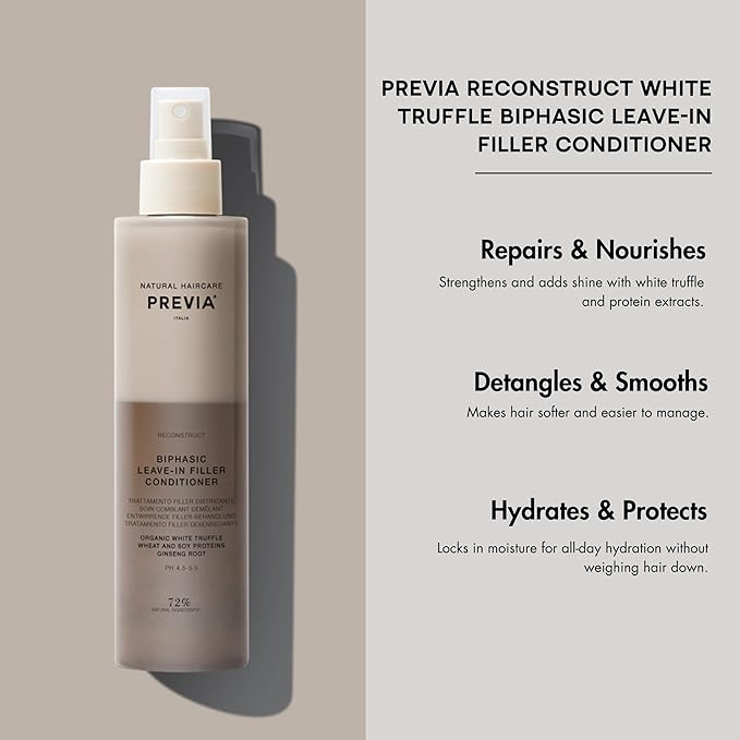 PREVIA Hydrating Biphasic Leave-In Conditioner Spray | Moisturizing & Anti-Frizz Reconstructive Treatment with White Truffle | Detangle & Repair Dry Damaged Hair | Vanilla & Bergamot Scent | 6.7 oz