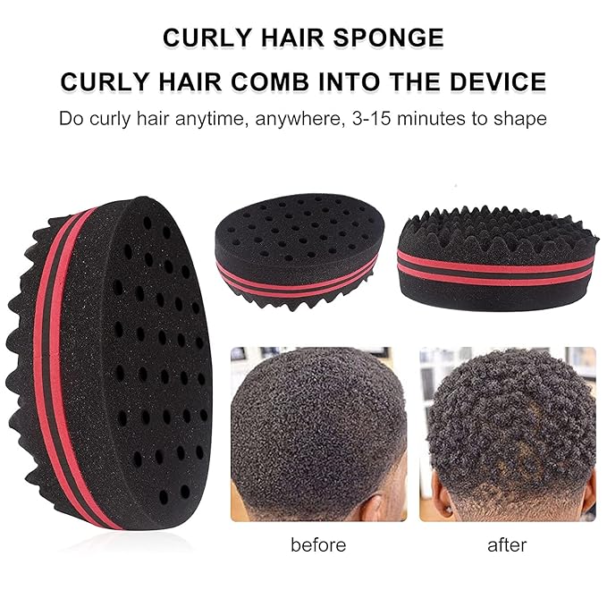 Magic Curl Sponge Set for Barber Hair Styling: Afro Twist Hair Brush, Metal Pick Comb, and Styling Combs (Black-A)