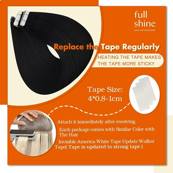 Full Shine Tape ins Human Hair Extensions Color 1 Jet Black Tape in Hair Extensions Invisible Straight Remy Skin Weft 22Inch Soft Silky Extension 100G 40Pcs for Women Natural Look
