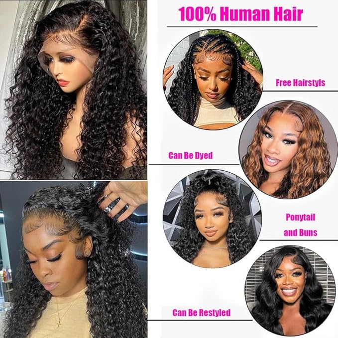 VIPbeauty 13x6 Deep Wave Lace Front Wigs Human Hair 200 Density 28 Inch Curly Wig for Women Natural Black HD Transparent Lace Glueless Frontal Wigs Human Hair Pre Plucked with Baby Hair