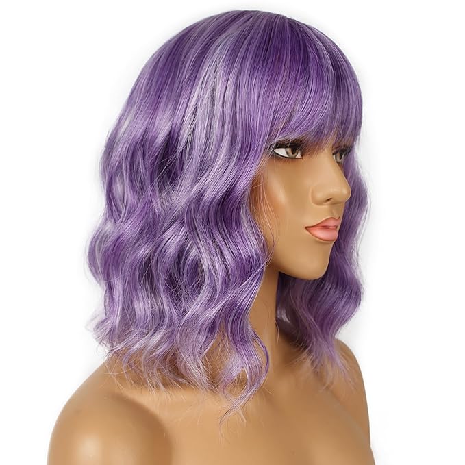 Short Bob Wigs with Bangs for Women Loose Wavy Wig Curly Wavy Shoulder Length Bob Synthetic Cosplay Wig for Girl Colorful Costume Wigs (Violet)