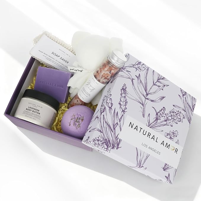 Natural Amor Lavender Spa Gift Set 6 PCs– Handmade Self-Care Box with Body Butter, Bath Bomb, Soap, Bath Salt, and More – Relaxing Lavender Gift for Women