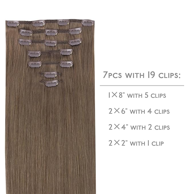 WENNALIFE Clip in Hair Extensions Real Human Hair, 14 Inch 120g 7pcs Remy Hair, Light Ash Brown Straight Natural Coloured Extensiones De Cabello Humano Con Clip Ins