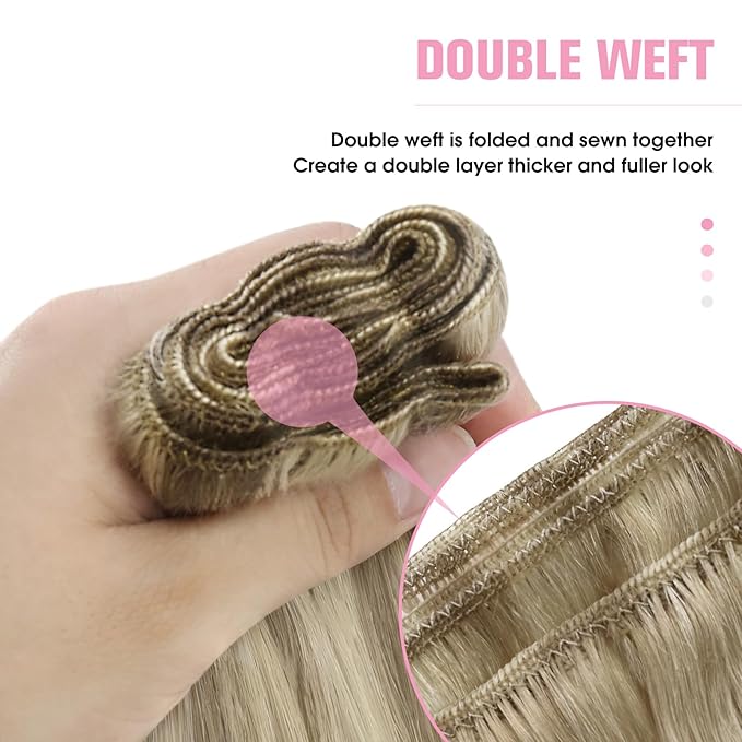 YoungSee Weft Hair Extensions Brown Blonde Sew in Hair Extensions Real Human Hair Light Brown with Blonde Highlight Sew in Extensions Long Straight Hair 22Inch 100G