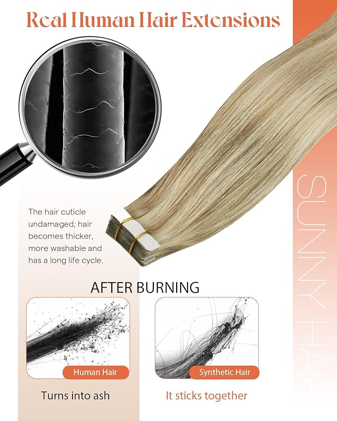Sunny Hair Tape in Hair Extensions Real Human Hair Invisible Remy Hair Extensions Tape ins for Women Dark Blonde Highlights Light Blonde 24 inch 20Pcs 50G