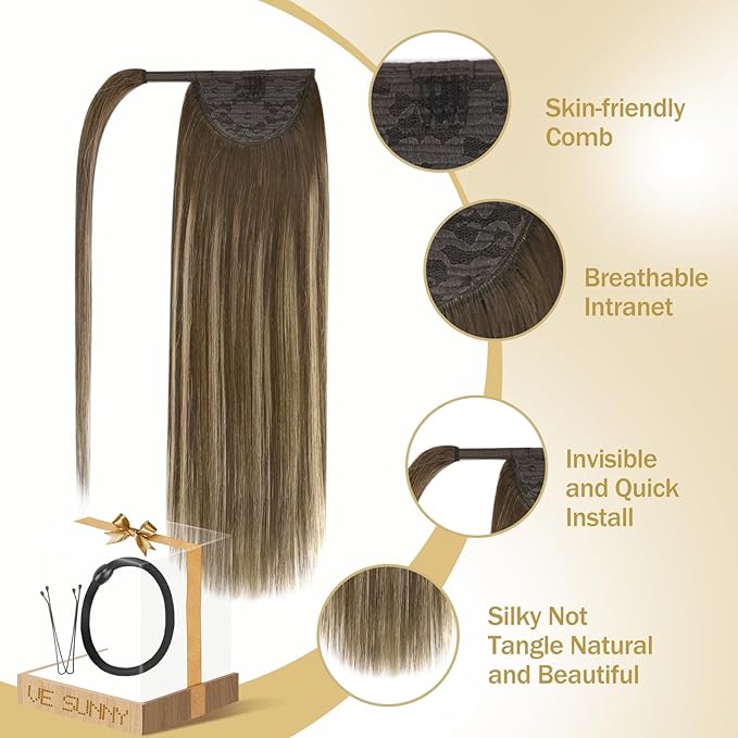 Ve Sunny Hair Extensions Ponytail Real Human Hair Wrap Around Clip in Ponytail Hair Extensions Straight Extensions Human Hair for Women Medium Brown Balayage Ombre Caramel Blonde 18inch 80G