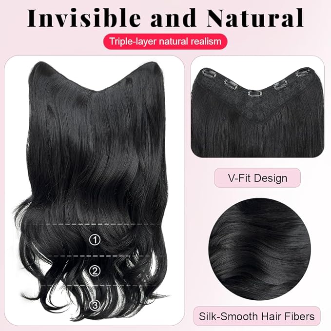 ALXNAN Clip in Hair Extensions, Black Long Wavy Hair Extensions for Women Clip Ins Soft Full Head Synthetic Hairpieces 20 Inch