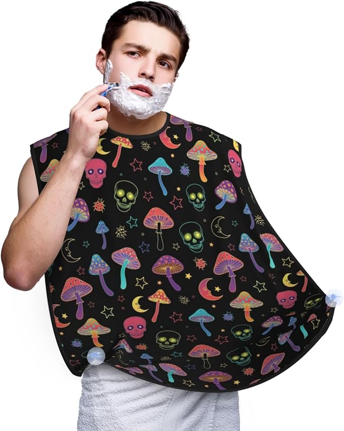 Adjustable Beard Bib, Non-Stick Hair Catcher Cape for Men's Shaving, Waterproof with 2 Suction Cups, Goth Moon Mushrooms and Human Skulls Shave Bib