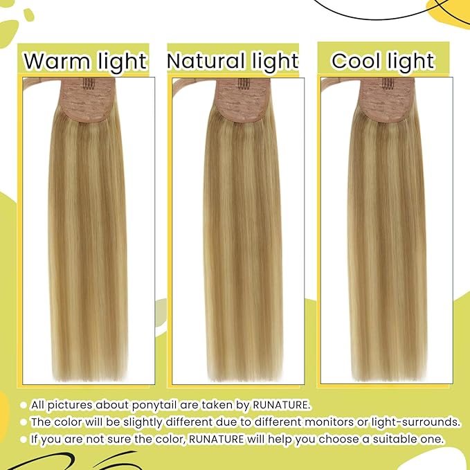 RUNATURE Ponytail Extension Human Hair Blonde, Real Hair Ponytail Extension For Women, Human Hair Ponytail Wrap Around, Remy Natural Hair, Easy to Install, 16 Inch 80g #16P24 Golden Blonde Highlights