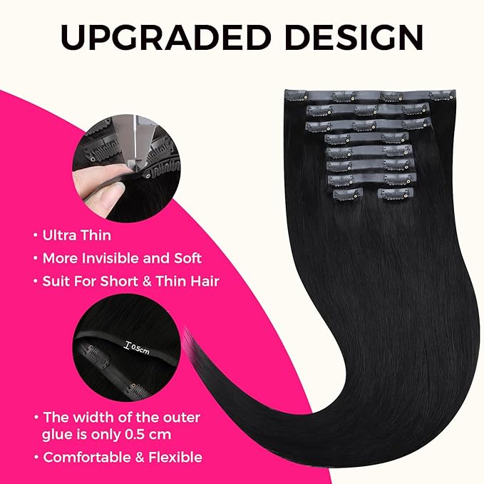 Lashey Seamless Clip in Hair Extensions Human Hair 130g 9pcs #1 Jet Black Straight 18 Inch Clip in Hair Extensions with PU Soft Invisi Edge