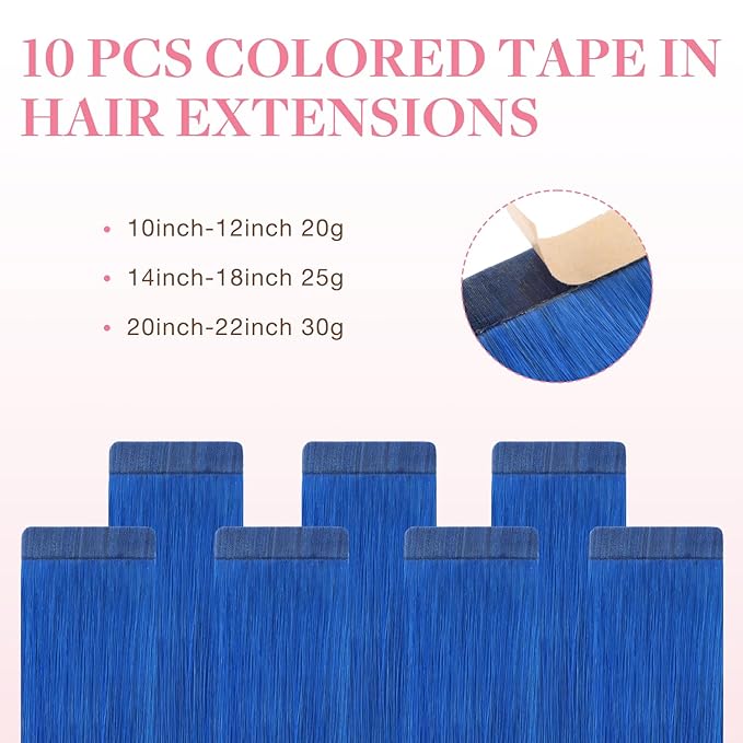 GOO GOO Tape in Hair Extensions Human Hair, Blue, 12inch 20g 10pcs, Colored Tape ins Human Hair Extensions, Silky&Soft Invisible Tape Ins, Hair Highlighted for Party