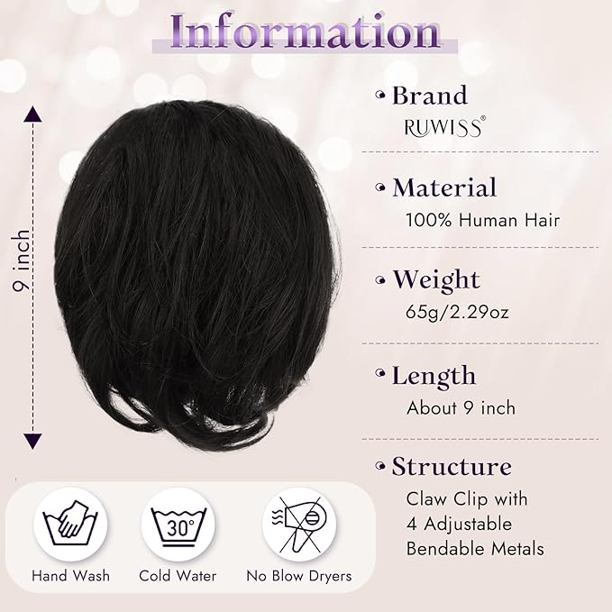 RUWISS Claw Clip Short Human Hair Ponytail Extension with Bendable Metals for DIY Styles, Straight Messy Bun Hair Piece for Women Thick Hairpieces for Daily Wear, 9 Inch Natural Black