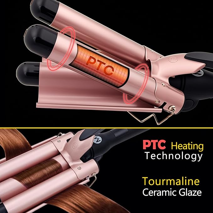 3 Barrel Curling Iron, 1 Inch Ceramic Tourmaline Hair Waver Wand with LCD Temperature Display, Fast Heating Foldable Crimpers for Travel Glove Included (Gold)