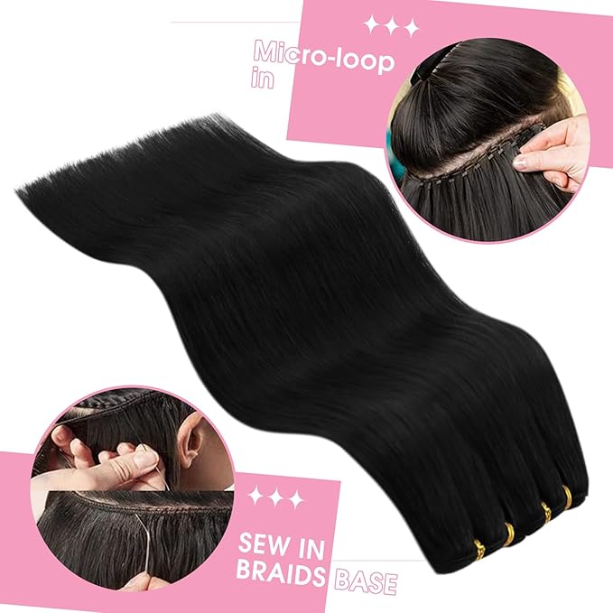 YoungSee 24 inch Black Hair Extensions Weft Sew in Hair Extensions Jet Black Weft Hair Extensions Human Hair Long Straight Remy Hair for Natural Look 100G