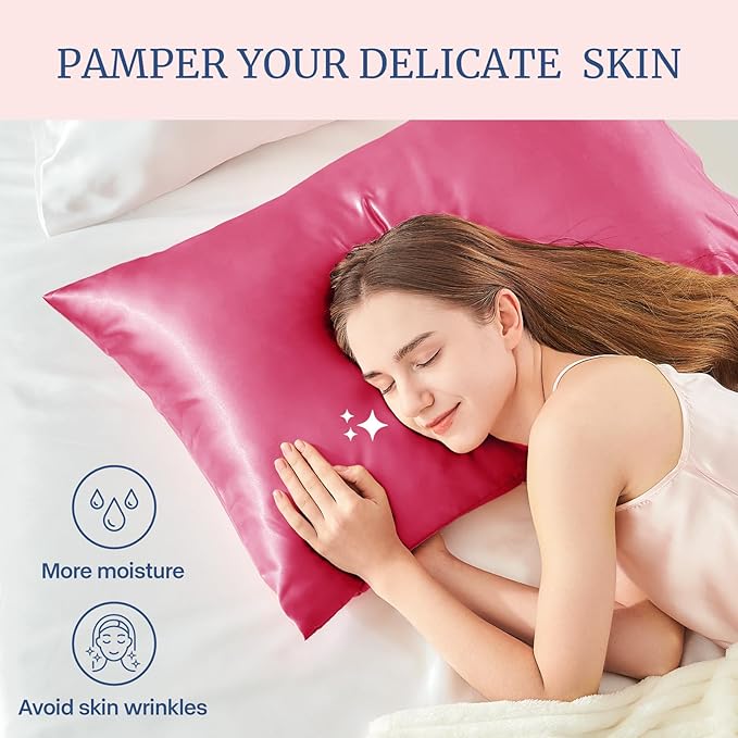 BEDELITE Satin Pillowcase for Hair and Skin, Super Soft and Cooling Similar to Silk Pillow Cases 2 Pack with Envelope Closure, Gift for Women Men(20"x26" Standard Size, Hot Pink)