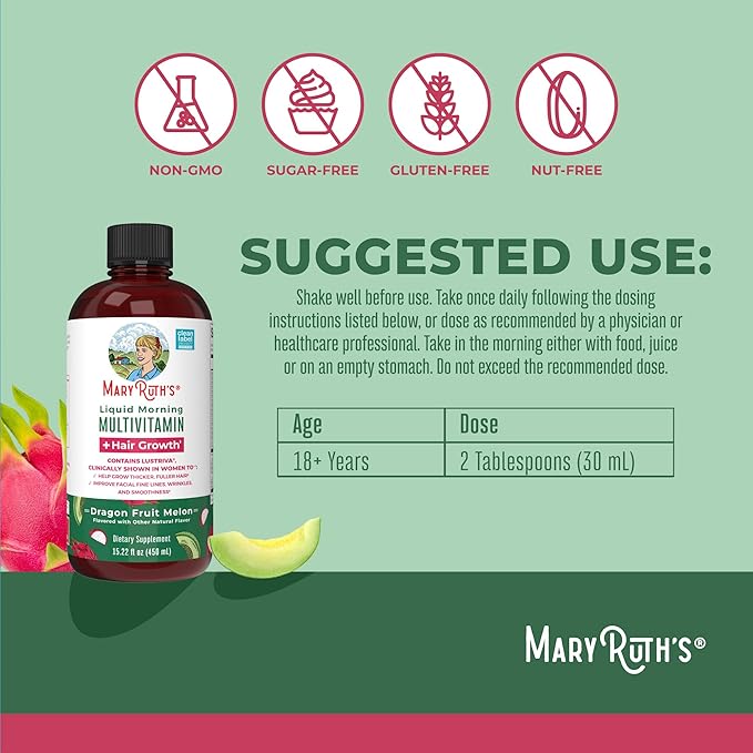 MaryRuth's Liquid Multivitamin + Hair Growth | Biotin 10000mcg | Lustriva Hair Growth Supplement | Clinically Tested in Women for Thicker Hair & Facial Wrinkle | Skin Care | Ages 18+ | 15.22 Fl Oz