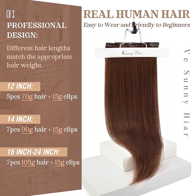 Ve Sunny Clip in Hair Extensions Real Human Hair, Clip on Extensions Human Hair, Short Straight Hair Extensions Clip ins Auburn for Party Add Volume Bold Color, 5pcs 80g 12inch