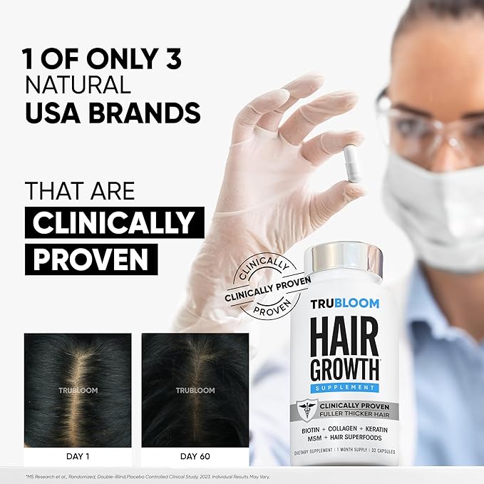 Tru Bloom Hair Growth Vitamins - 1 Month Supply. Clinically Proven to Grow Fuller, Thicker Hair. Drug-Free with Biotin, Collagen, Keratin, MSM, Zinc, D3 + Hair Superfoods